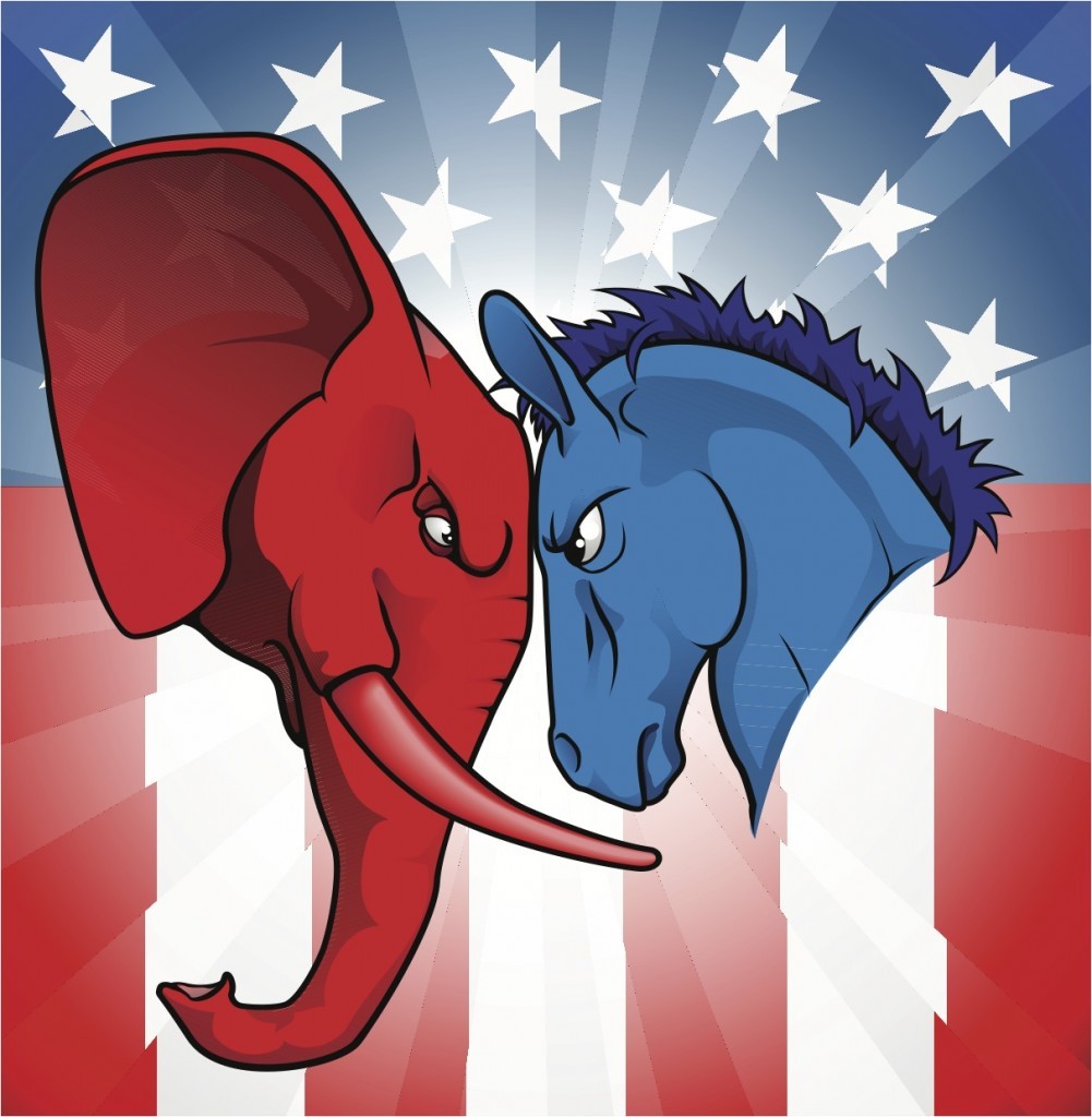 Amerikan Cumhuriyetçileri'ni temsil eden fil ile Demokratlar'ı temsil eden eşek kafa kafaya...