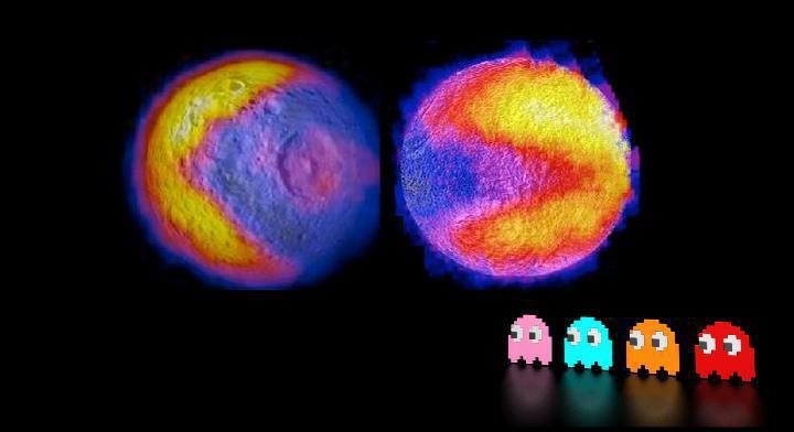 Satürn'ün uyduları Mimas ve Tethys'teki Pac-Man şekillerine benzeyen bu görüntüler her iki uydudaki sıcaklık farklılıklarını göstermektedir.